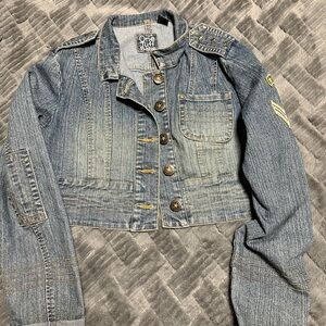 One 5 One Blue Cropped Denim Jacket with Stud Accents